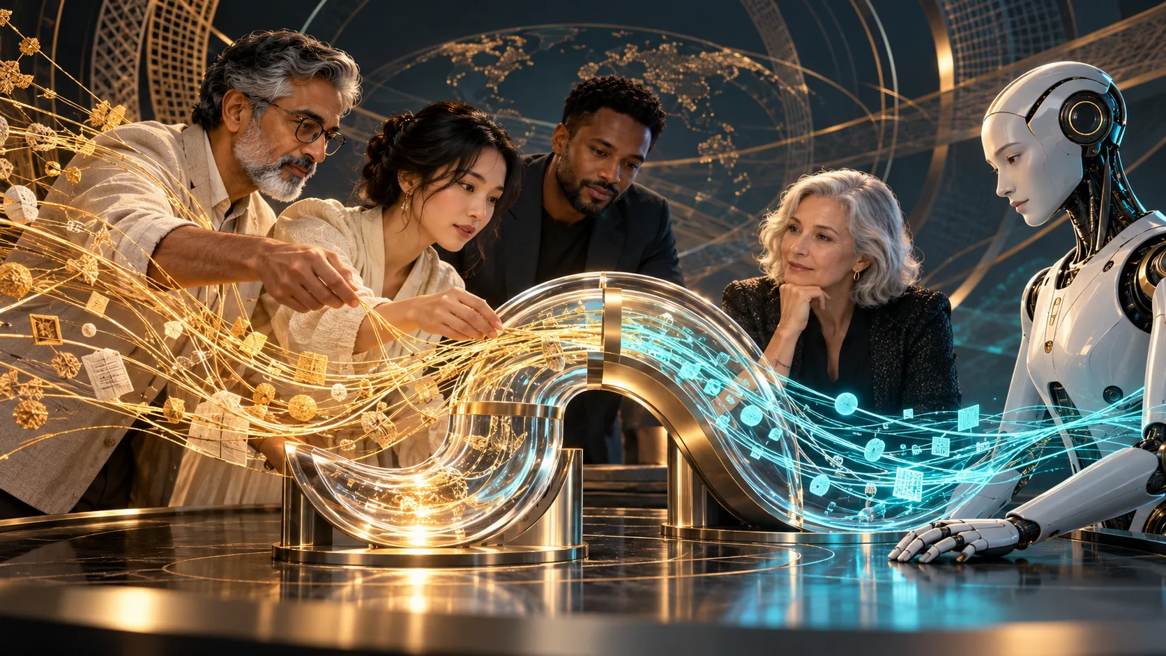 People collaborating around a conceptual AI interface of light and data threads