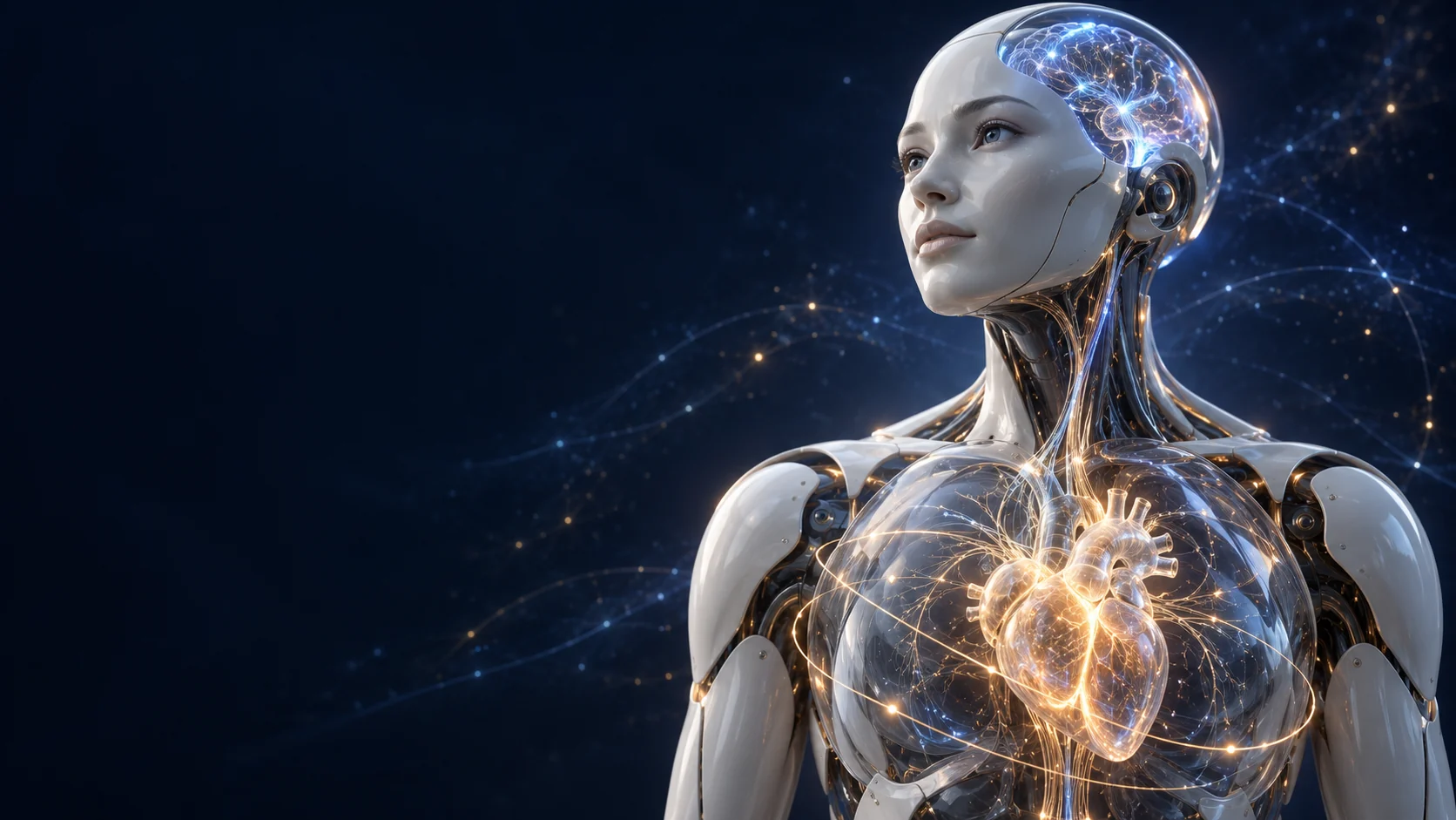Conceptual ceramic humanoid with an amber anatomical-inspired heart and a blue computational brain, illustrating human judgment research