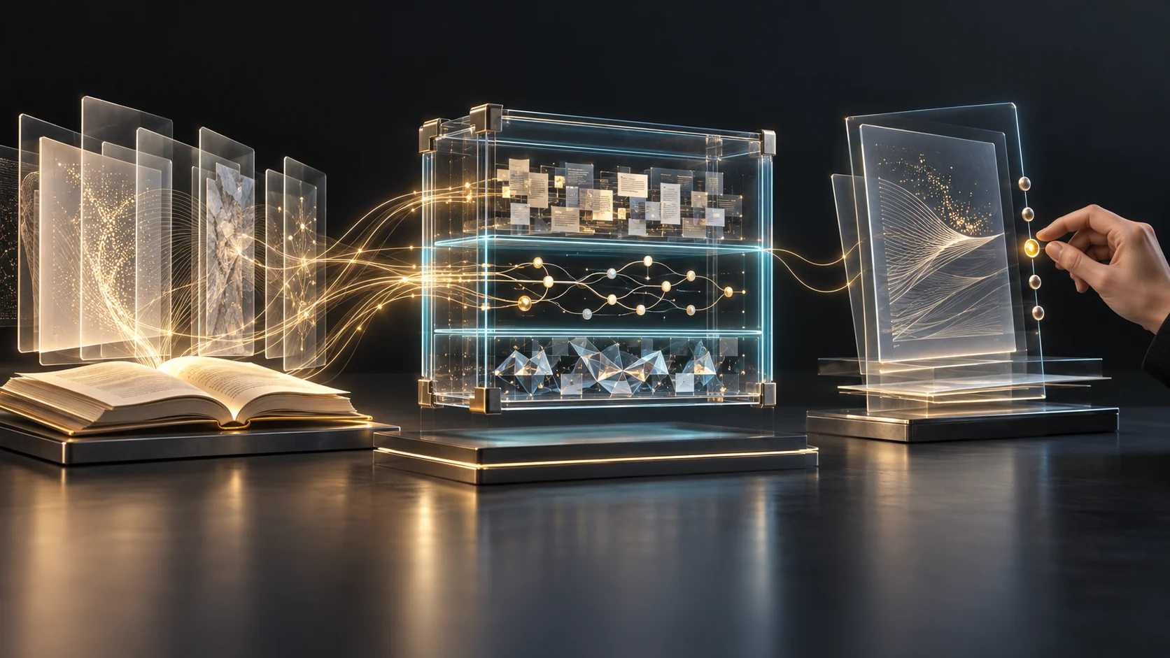 Conceptual open source book and documents feeding a layered glass knowledge, decision and permission pack, with a human reviewing the output