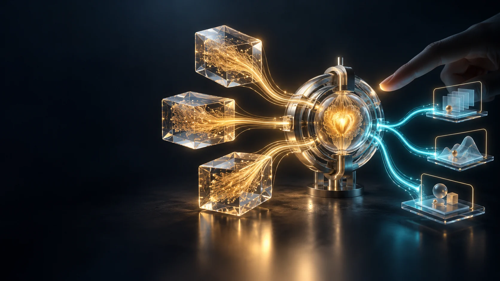 Conceptual glass expertise modules feeding amber signals into a cognition core, with cyan bounded outputs and a human review gesture