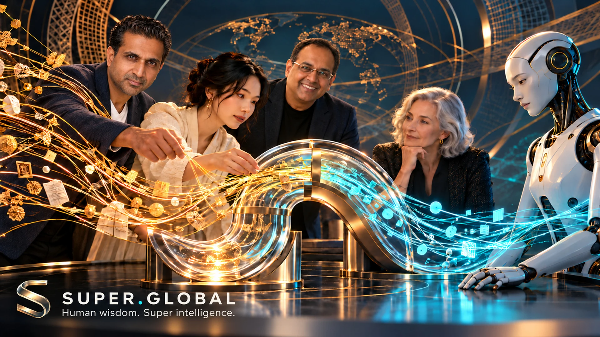 Approved conceptual illustration featuring the founders, human collaboration and AI