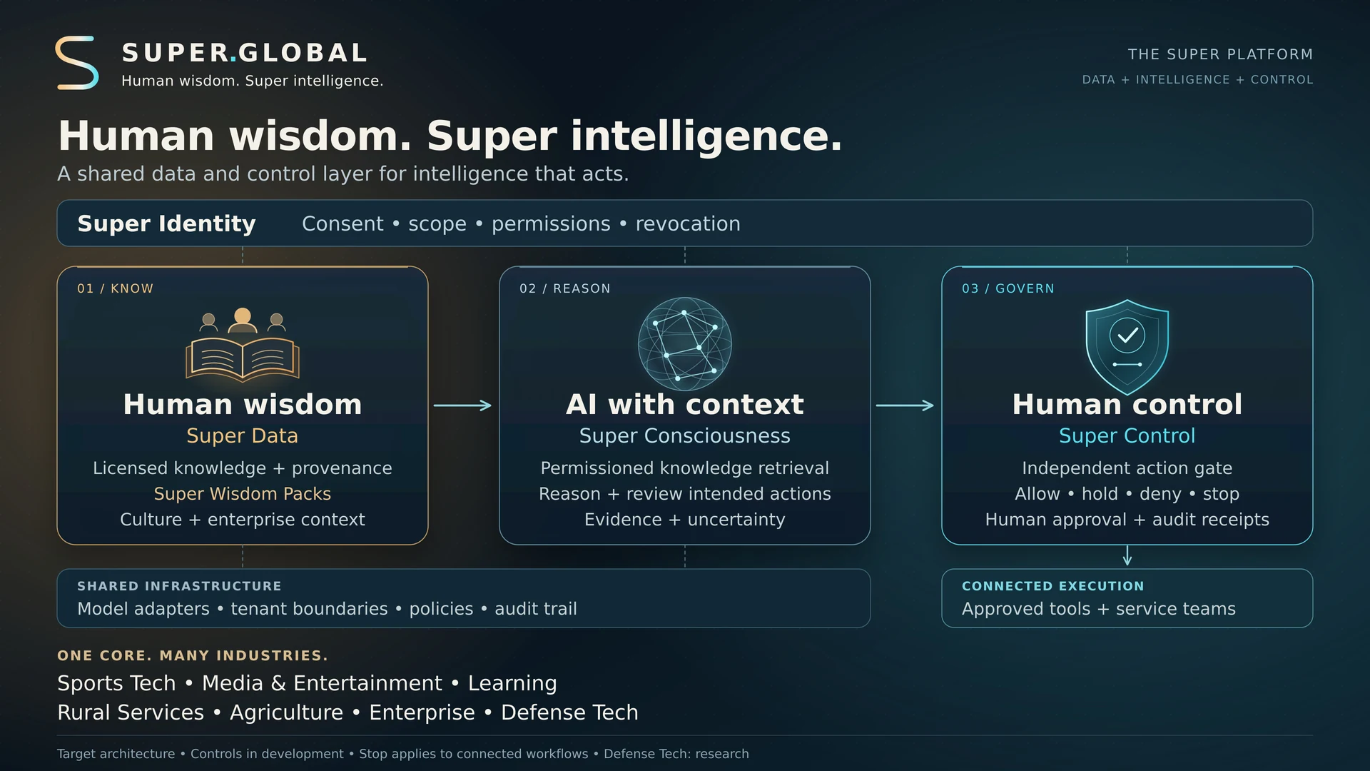 Super Identity connects human wisdom through Super Data, contextual reasoning through Super Consciousness, and independent action gating through Super Control